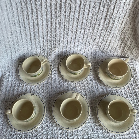 Vintage stoneware tea set tea cups & saucers white geese with bows speckled - Picture 8 of 16
